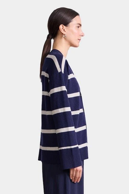 Ana Wrap Cardigan, Navy & Cream Stripe - Image 3