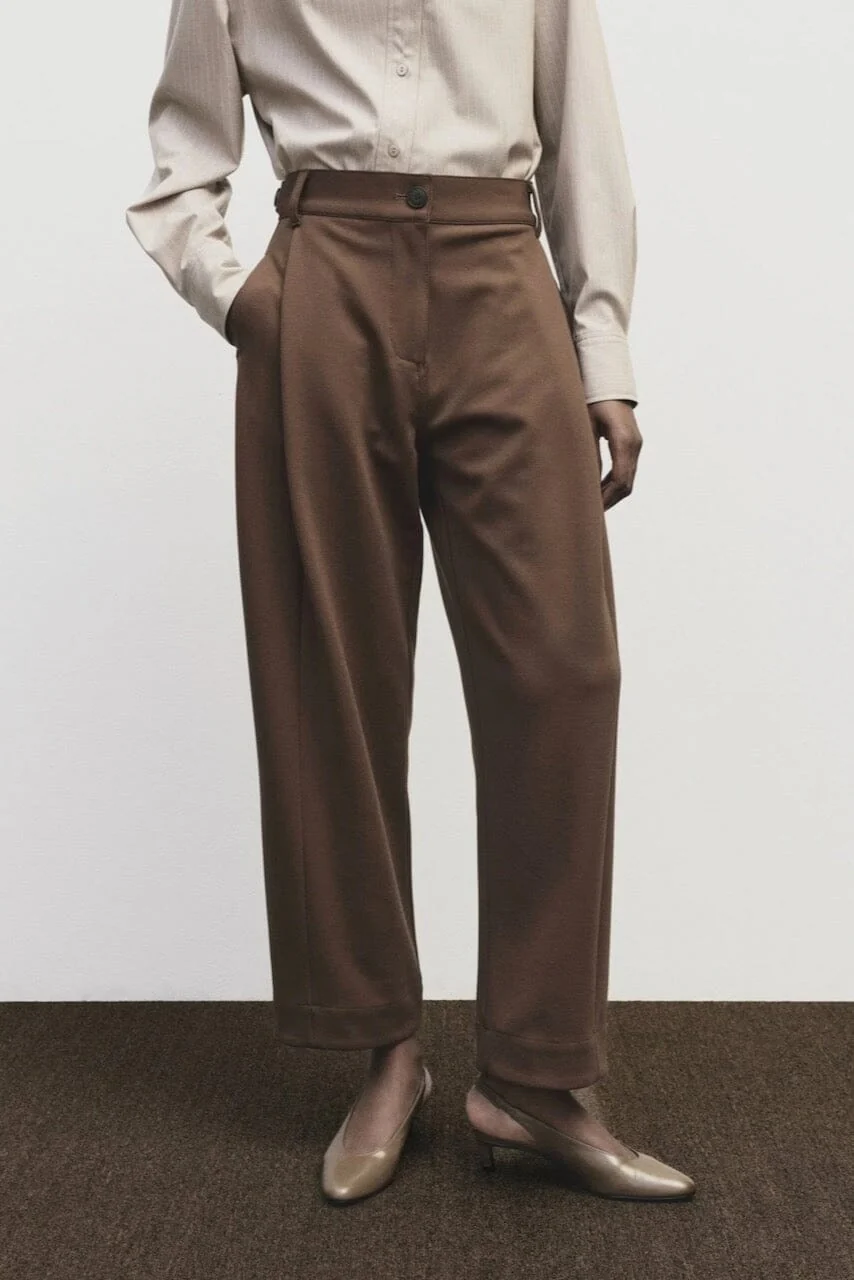 Pleated Barrel Leg Pants, Brown - Image 3