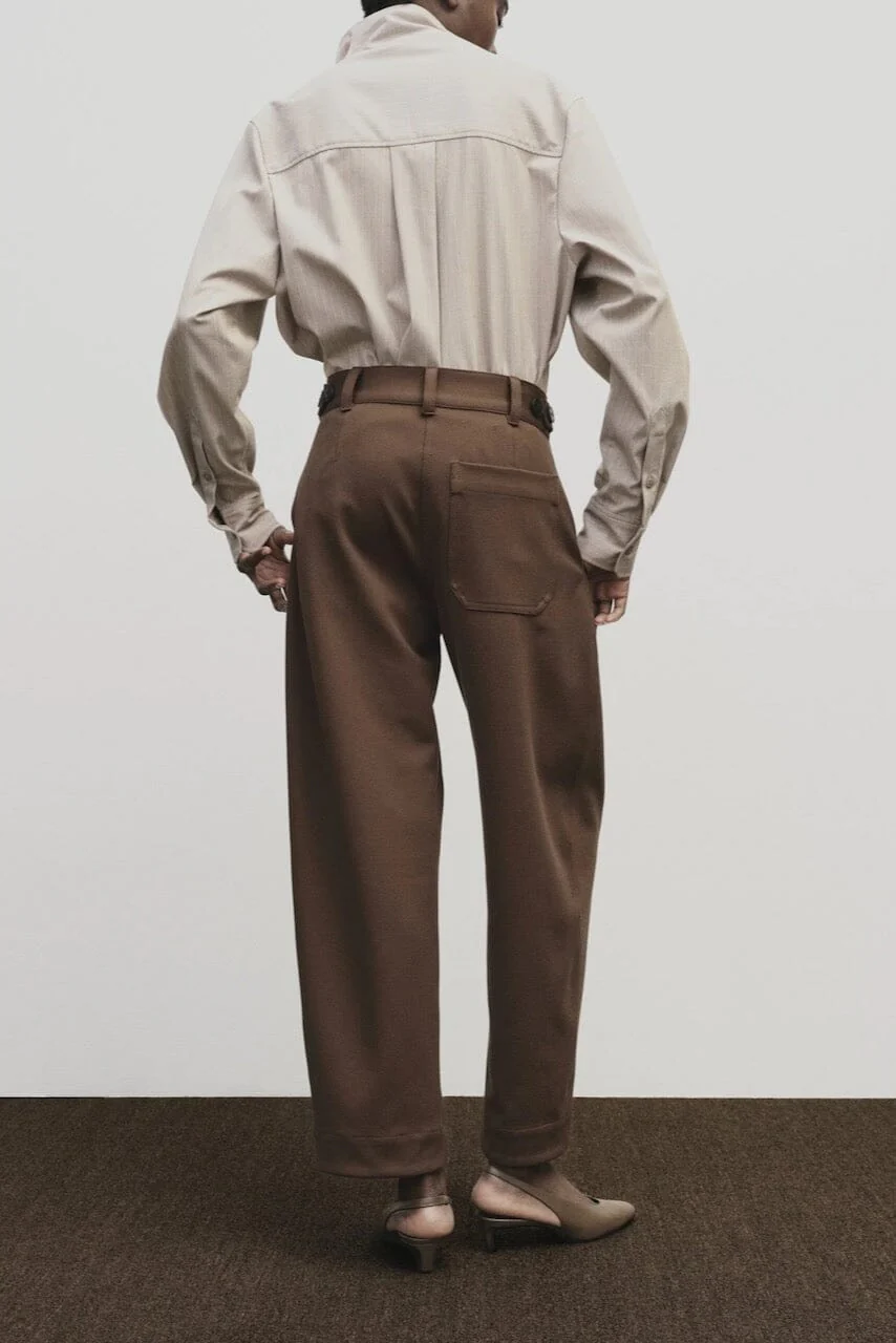 Pleated Barrel Leg Pants, Brown - Image 4