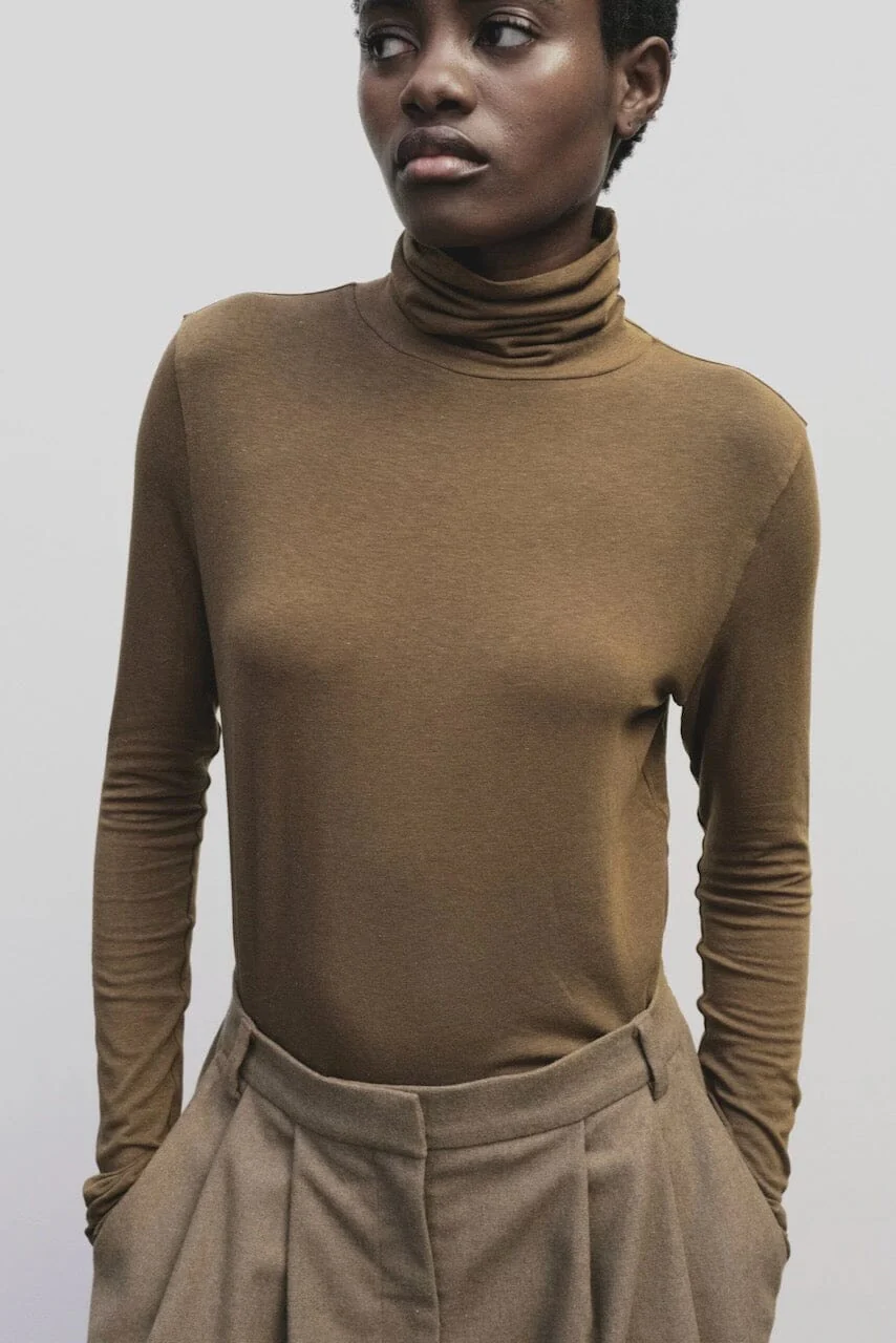 Roll Neck Jersey Top, Light Brown - Image 6