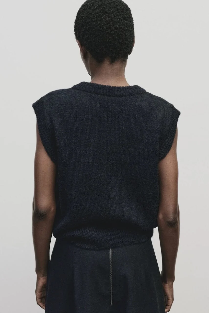 Wool Blend V-Neck Vest, Navy - Image 3