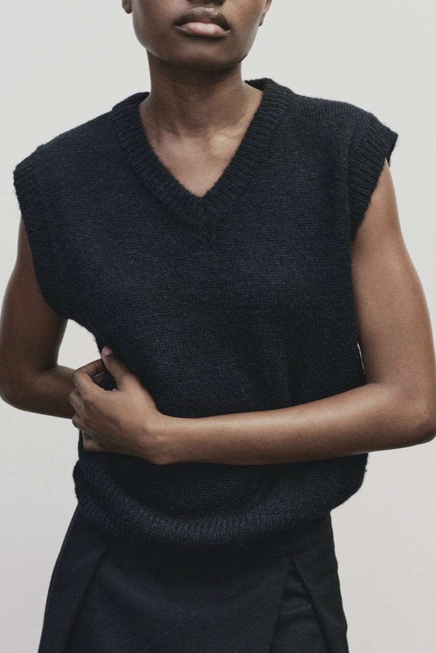 Wool Blend V-Neck Vest, Navy - Image 4